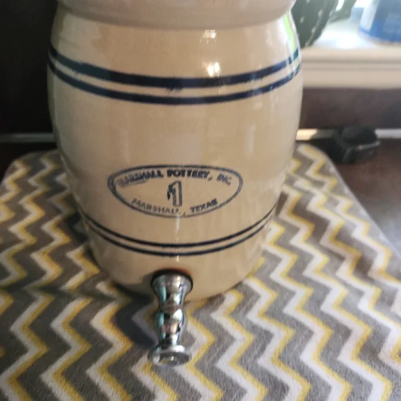 Stoneware Beverage Dispenser - Cream with Blue Stripes - Picture 2 of 7